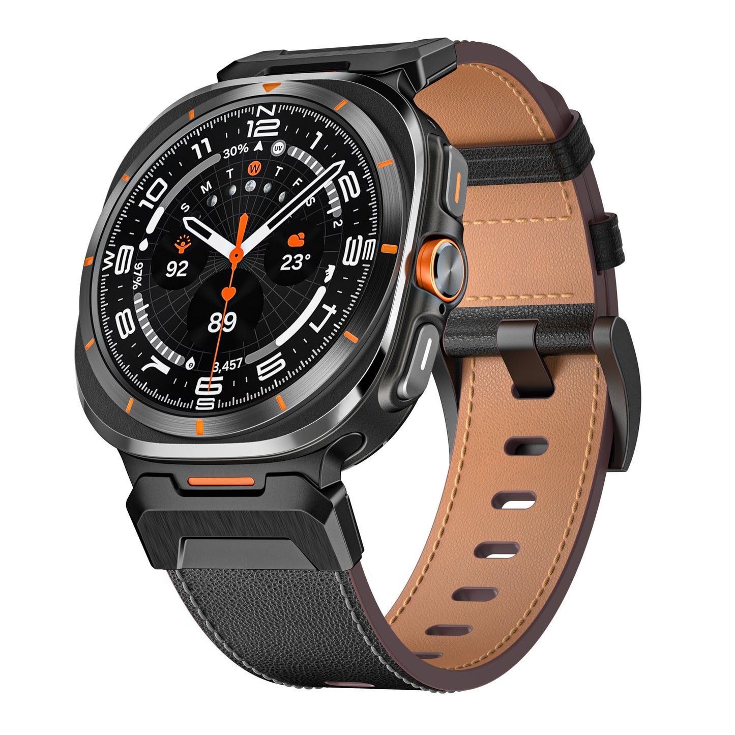 Mecha Bezel Leather Strap for Samsung Galaxy Watch Black Nappa + Black Tactical Bezel Galaxy Ultra 47mm Dewell X