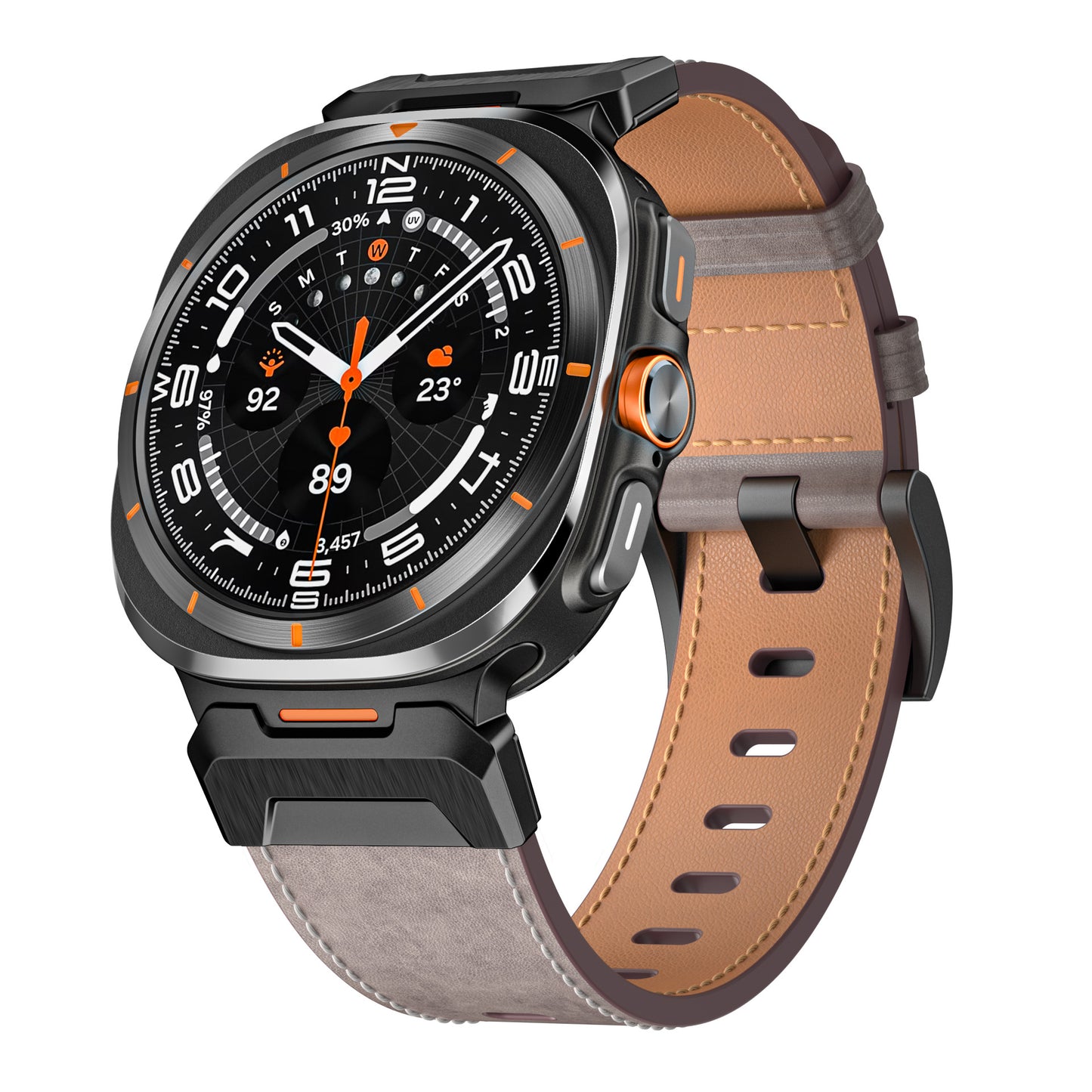 Mecha Bezel Leather Strap for Samsung Galaxy Watch Light Gray Oiled Wax + Black Tactical Bezel Galaxy Ultra 47mm Dewell X