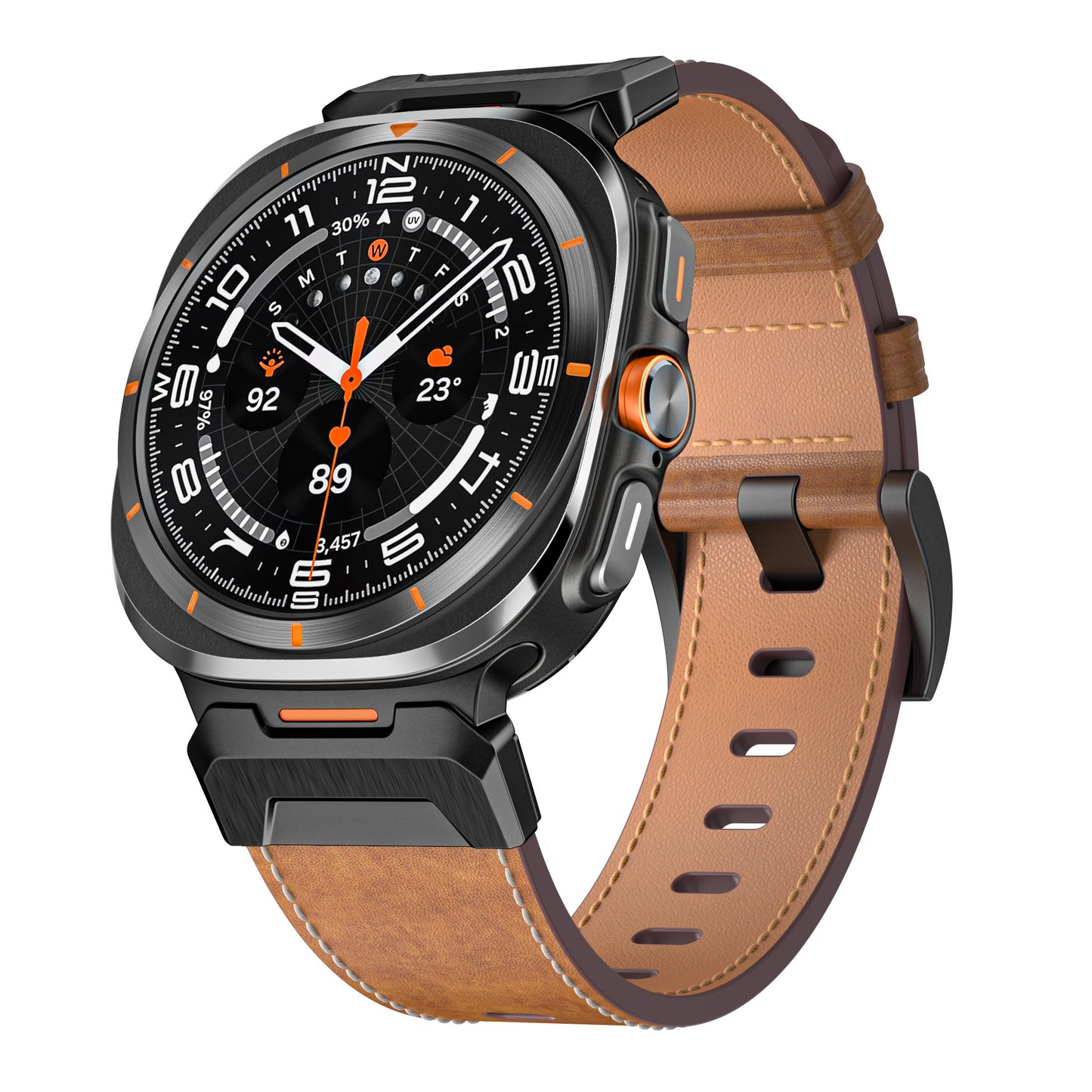 Mecha Bezel Leather Strap for Samsung Galaxy Watch Dark Brown Crazy Horse + Black Tactical Bezel Galaxy Ultra 47mm Dewell X