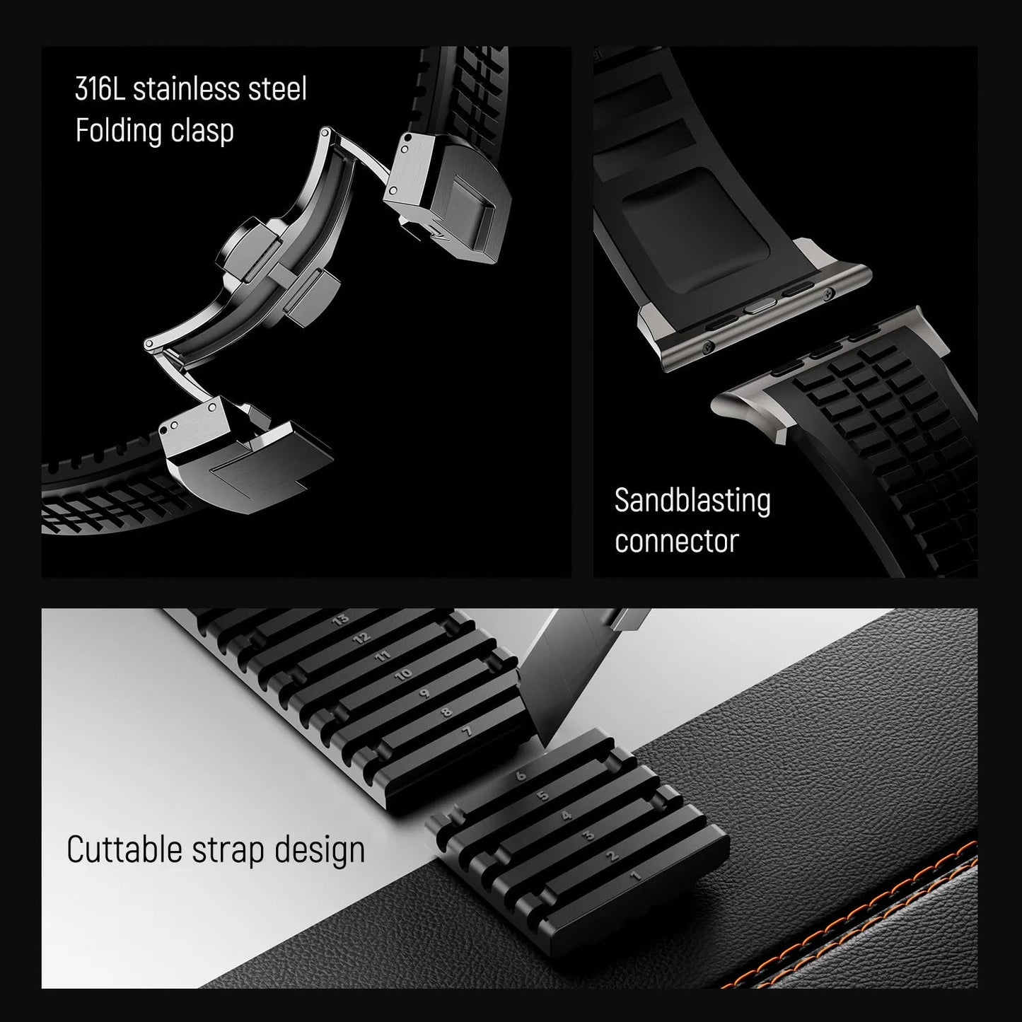 New fluororubber dual press-button watch strap suitable for Apple Watch models 10, 9, 8, 7, 6, 5, SE, Ultra, Series 2, and Series 1 Dewell X