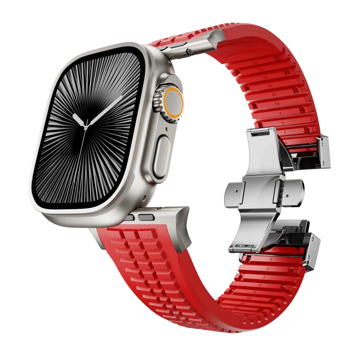 New fluororubber dual press-button watch strap suitable for Apple Watch models 10, 9, 8, 7, 6, 5, SE, Ultra, Series 2, and Series 1 Dewell X