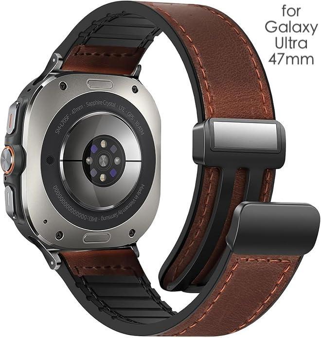 Magnetic Leather Watch Band for Samsung Galaxy Watch Ultra Red Brown Galaxy Ultra 47mm Dewell X
