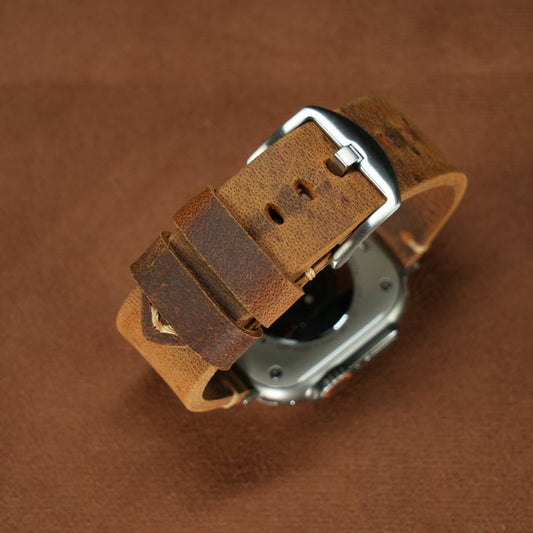 Vintage Distressed Leather Band for Apple Watch Series 10 – 100% Cowhide, One-Piece Hand-Stitched, Patina-Ready - Dewell X