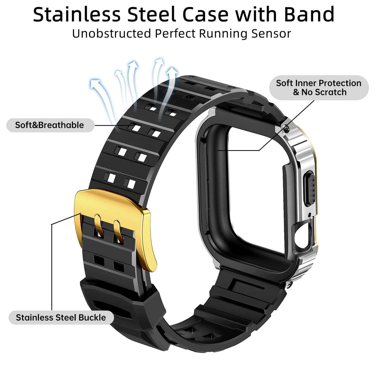 Rugged Protective Case with TPU Sport Band for Apple Watch, Stainless Steel Metal Bumper Shockproof Strap Dewell X