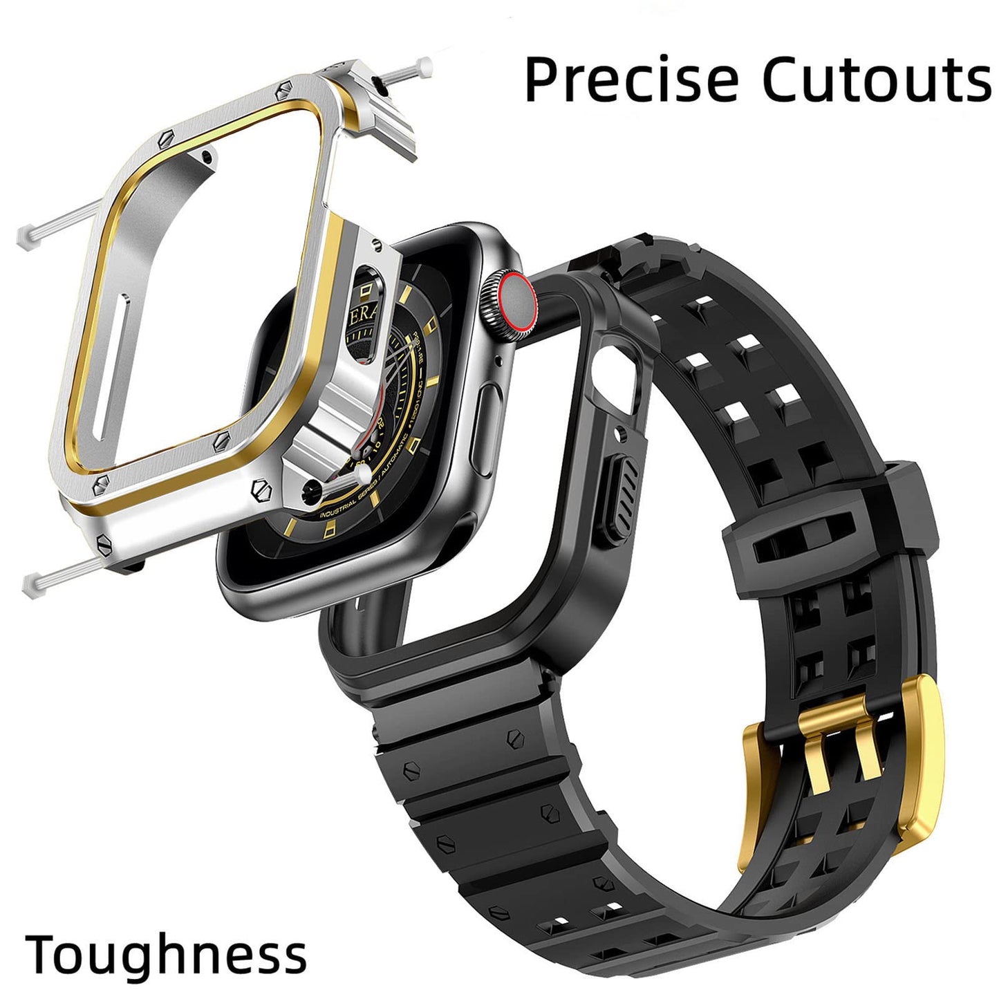 Rugged Protective Case with TPU Sport Band for Apple Watch, Stainless Steel Metal Bumper Shockproof Strap Dewell X