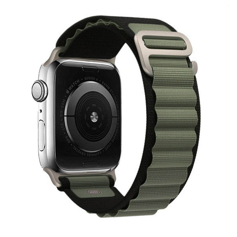 Stretch Alpine Loop Band for Apple Watch – Nylon D-Hook Strap Black+Green-Silver Adapter Dewell X