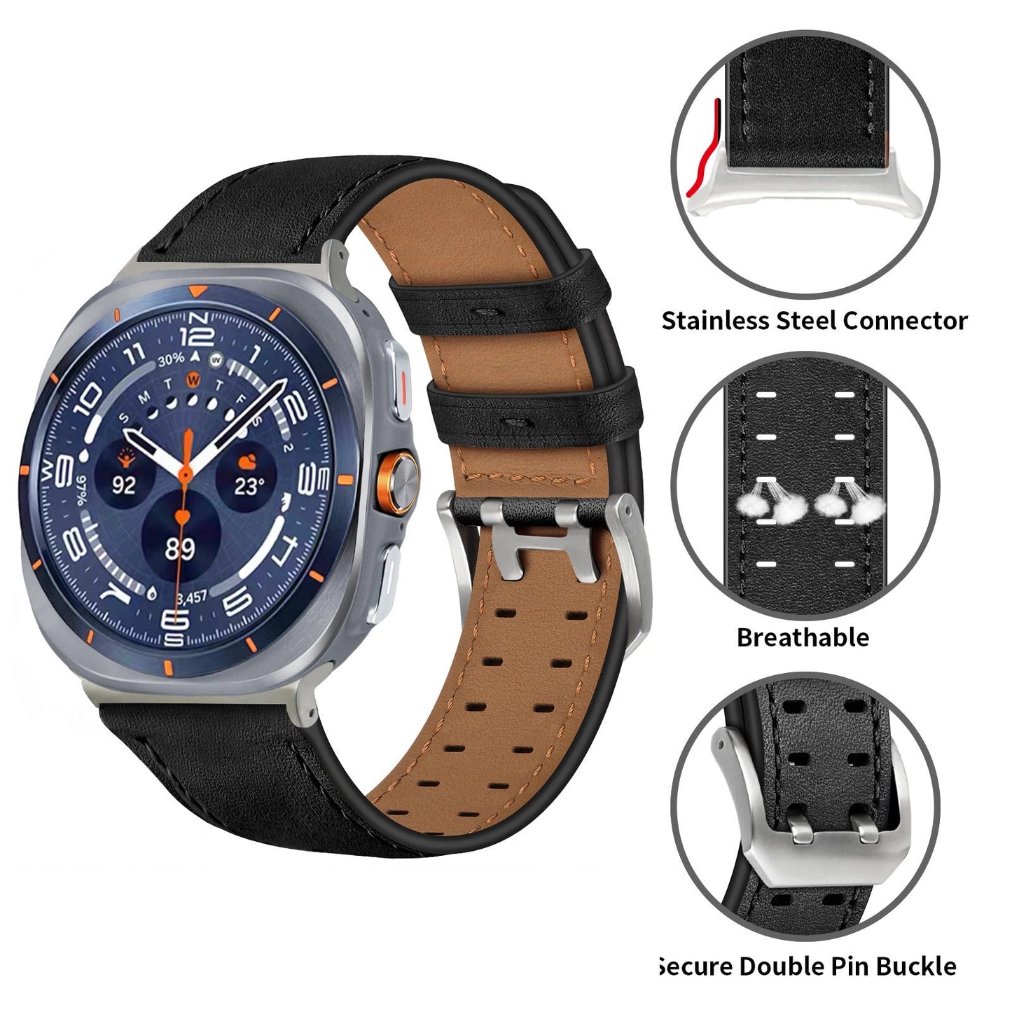 Double-Hole Genuine Leather Watch Strap for Samsung Galaxy Watch8/8c (40/44/46mm)/Watch8 Ultra (47mm) - 22mm Interface Sports Style Push Buckle, Multiple Colors Available Dewell X