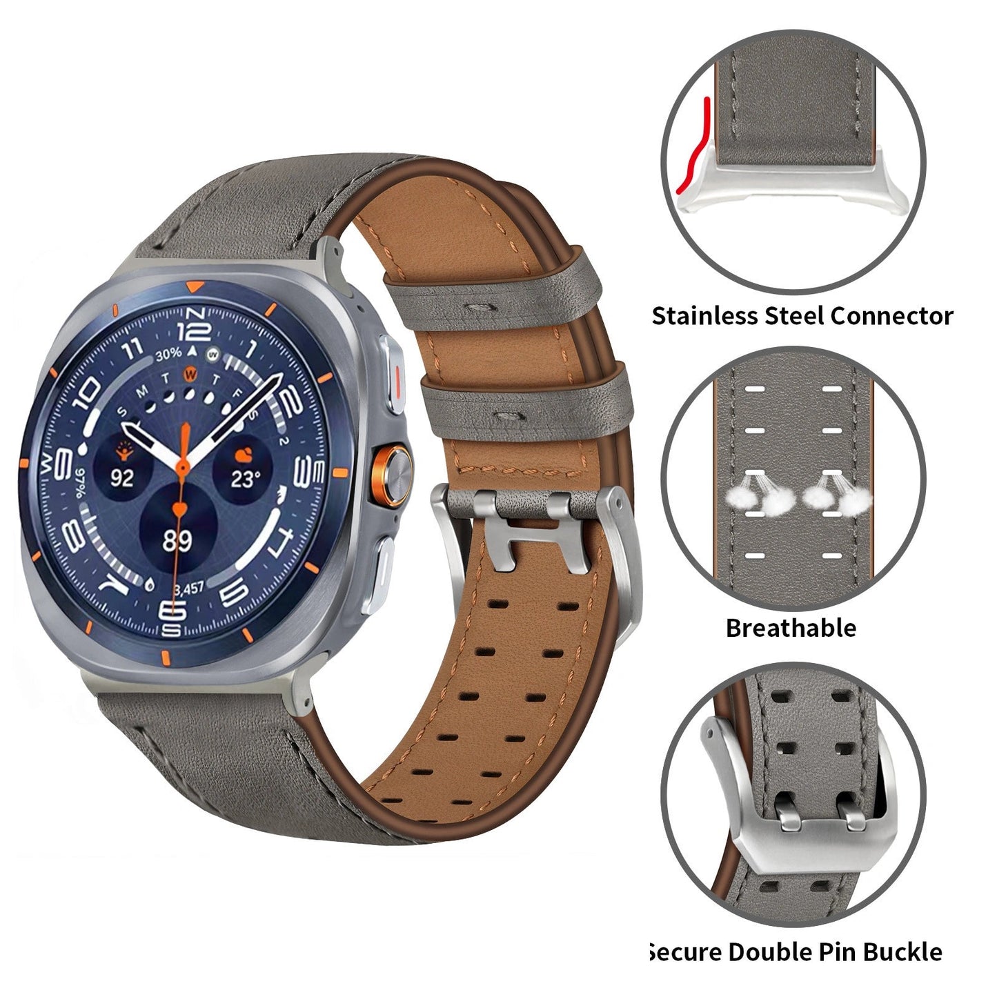 Double-Hole Genuine Leather Watch Strap for Samsung Galaxy Watch8/8c (40/44/46mm)/Watch8 Ultra (47mm) - 22mm Interface Sports Style Push Buckle, Multiple Colors Available Dewell X
