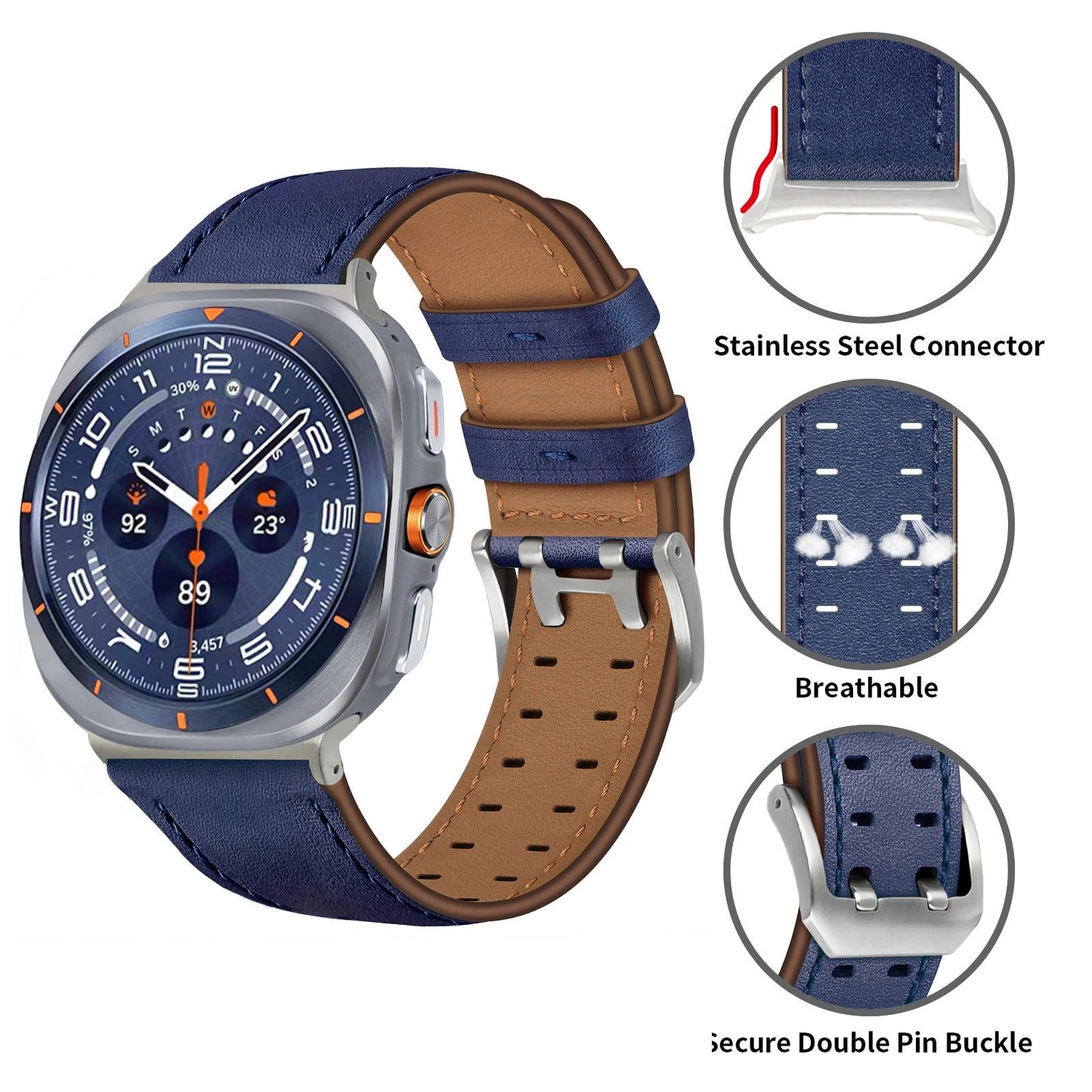 Double-Hole Genuine Leather Watch Strap for Samsung Galaxy Watch8/8c (40/44/46mm)/Watch8 Ultra (47mm) - 22mm Interface Sports Style Push Buckle, Multiple Colors Available Dewell X