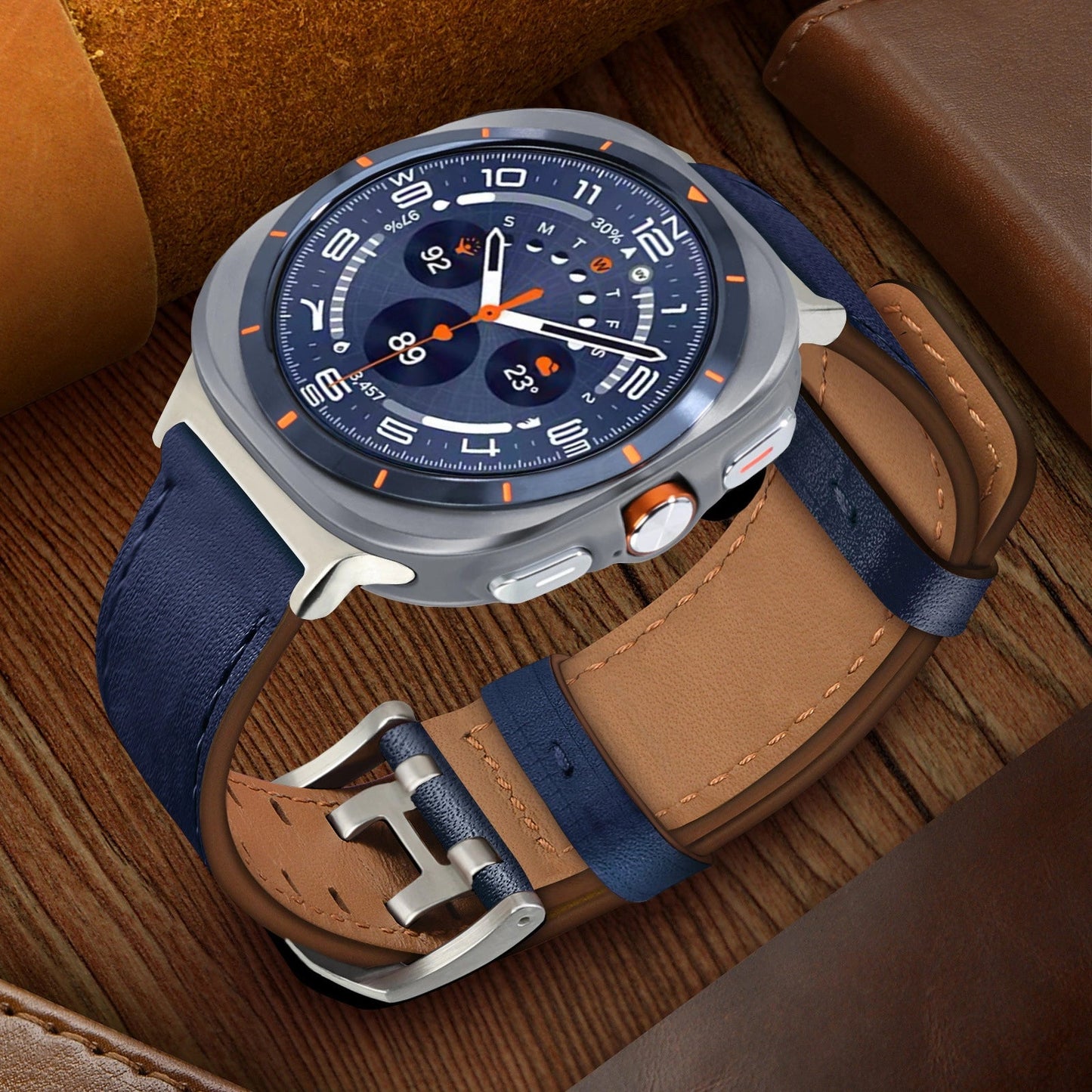 Double-Hole Genuine Leather Watch Strap for Samsung Galaxy Watch8/8c (40/44/46mm)/Watch8 Ultra (47mm) - 22mm Interface Sports Style Push Buckle, Multiple Colors Available Dewell X