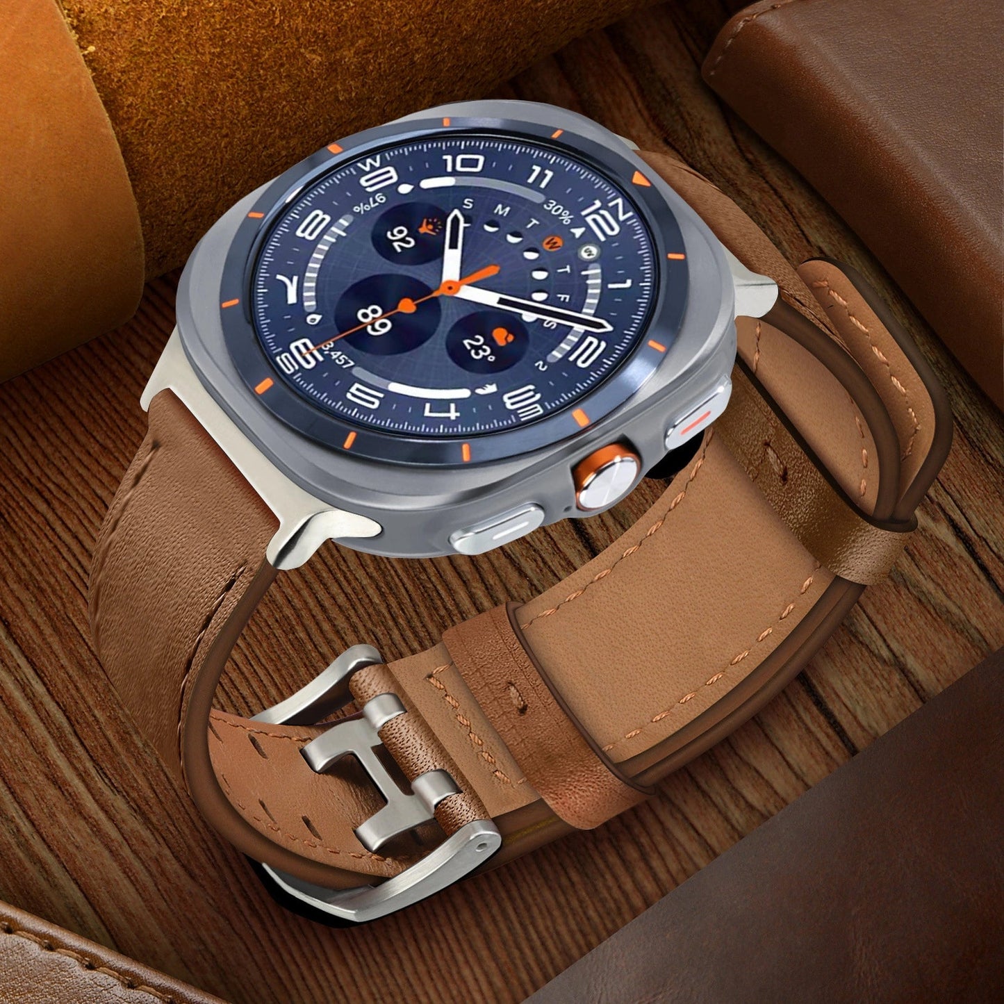 Double-Hole Genuine Leather Watch Strap for Samsung Galaxy Watch8/8c (40/44/46mm)/Watch8 Ultra (47mm) - 22mm Interface Sports Style Push Buckle, Multiple Colors Available Dewell X