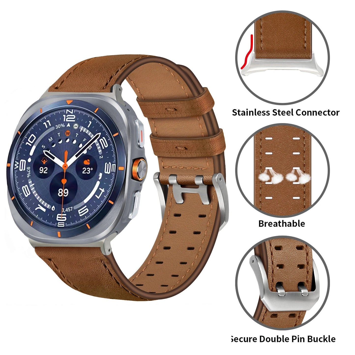 Double-Hole Genuine Leather Watch Strap for Samsung Galaxy Watch8/8c (40/44/46mm)/Watch8 Ultra (47mm) - 22mm Interface Sports Style Push Buckle, Multiple Colors Available Dewell X