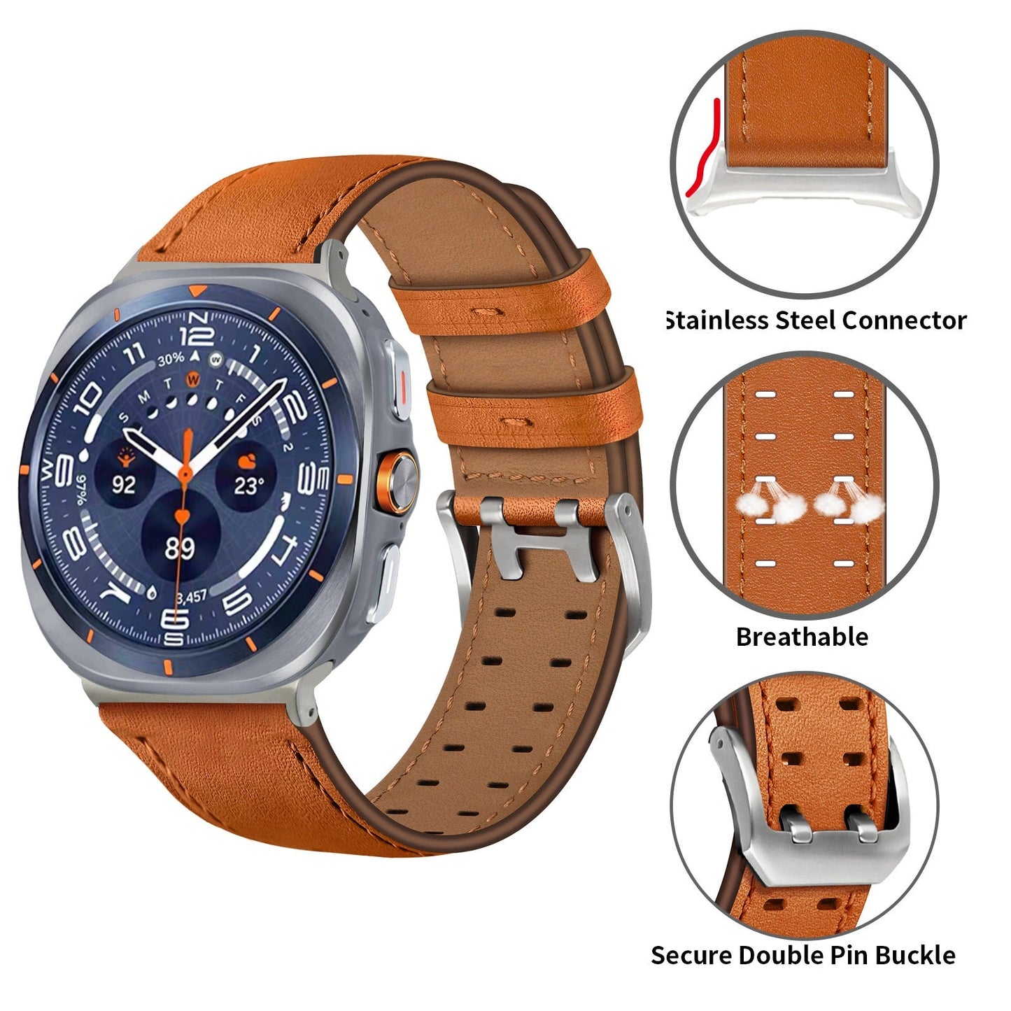 Double-Hole Genuine Leather Watch Strap for Samsung Galaxy Watch8/8c (40/44/46mm)/Watch8 Ultra (47mm) - 22mm Interface Sports Style Push Buckle, Multiple Colors Available Dewell X