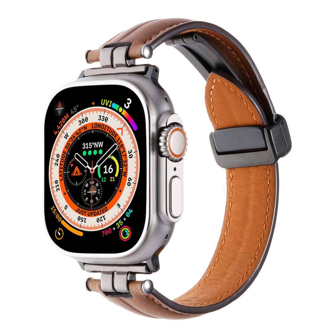 Professional Magnetic Leather Band for Apple Watch - Adjustable Stainless Steel Buckle, Stylish for Men & Women Dark Brown -Black Adapter Dewell X