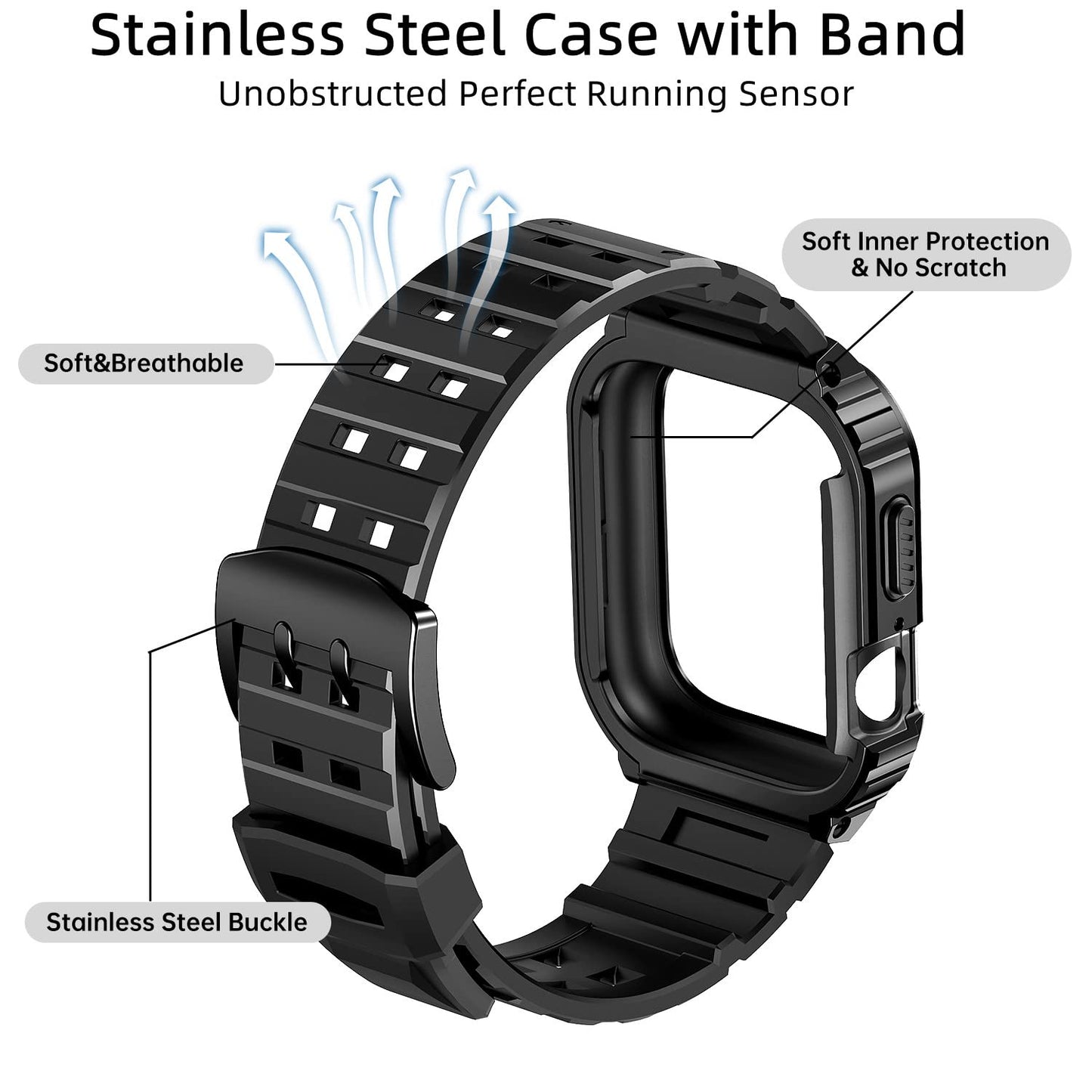 Rugged Protective Case with TPU Sport Band for Apple Watch, Stainless Steel Metal Bumper Shockproof Strap Dewell X
