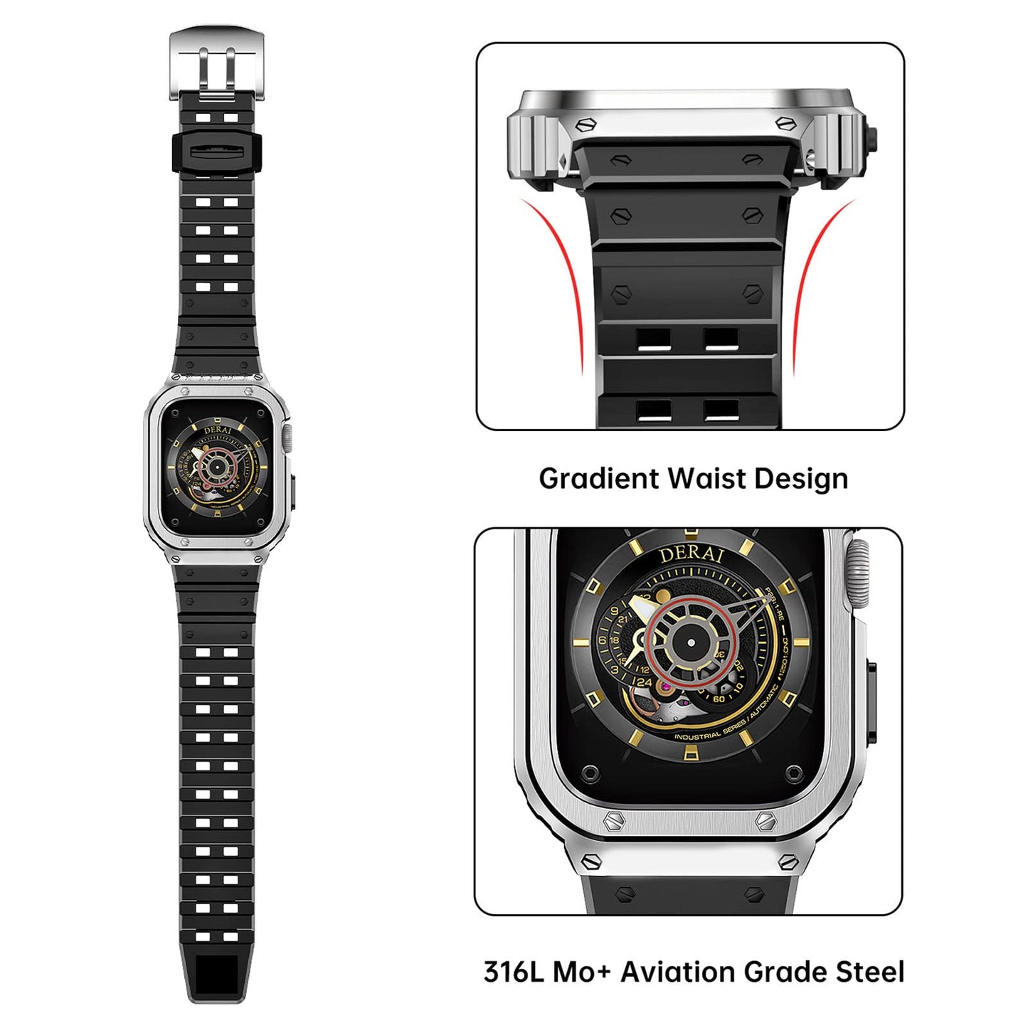 Rugged Protective Case with TPU Sport Band for Apple Watch, Stainless Steel Metal Bumper Shockproof Strap Dewell X