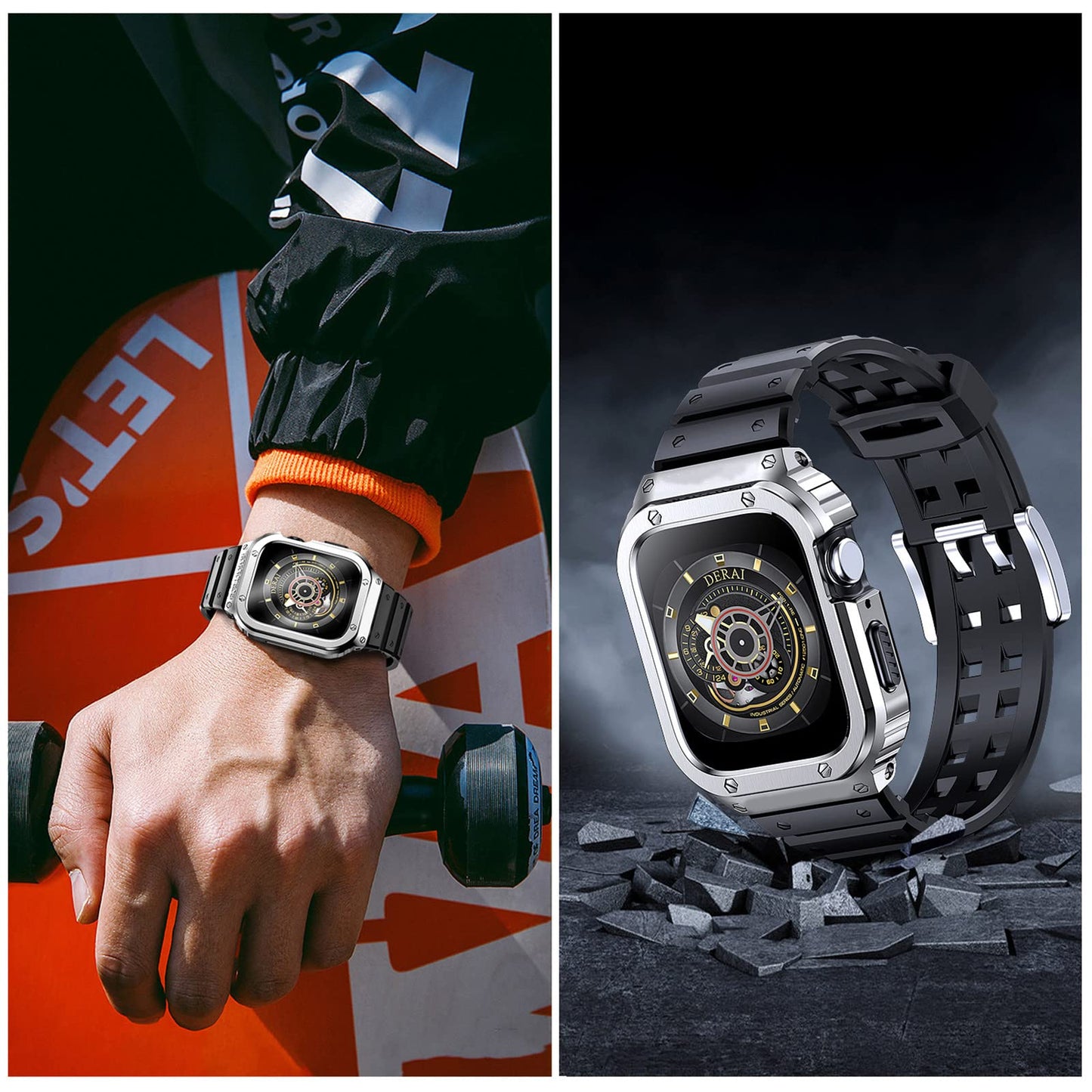 Rugged Protective Case with TPU Sport Band for Apple Watch, Stainless Steel Metal Bumper Shockproof Strap Dewell X