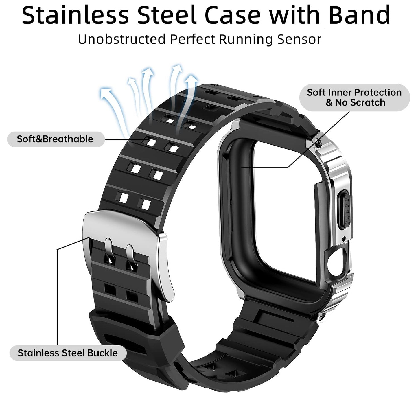 Rugged Protective Case with TPU Sport Band for Apple Watch, Stainless Steel Metal Bumper Shockproof Strap Dewell X