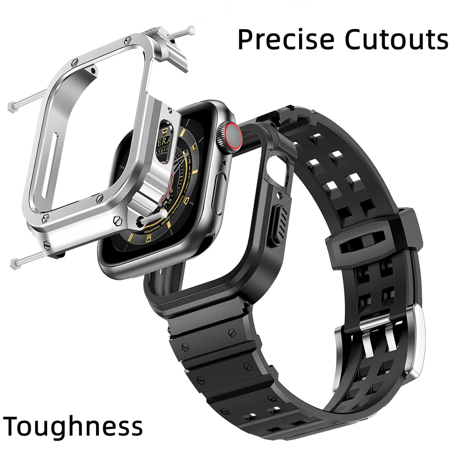 Rugged Protective Case with TPU Sport Band for Apple Watch, Stainless Steel Metal Bumper Shockproof Strap Dewell X