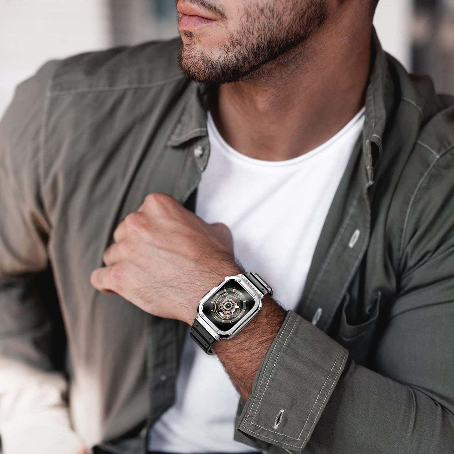Rugged Protective Case with TPU Sport Band for Apple Watch, Stainless Steel Metal Bumper Shockproof Strap Dewell X