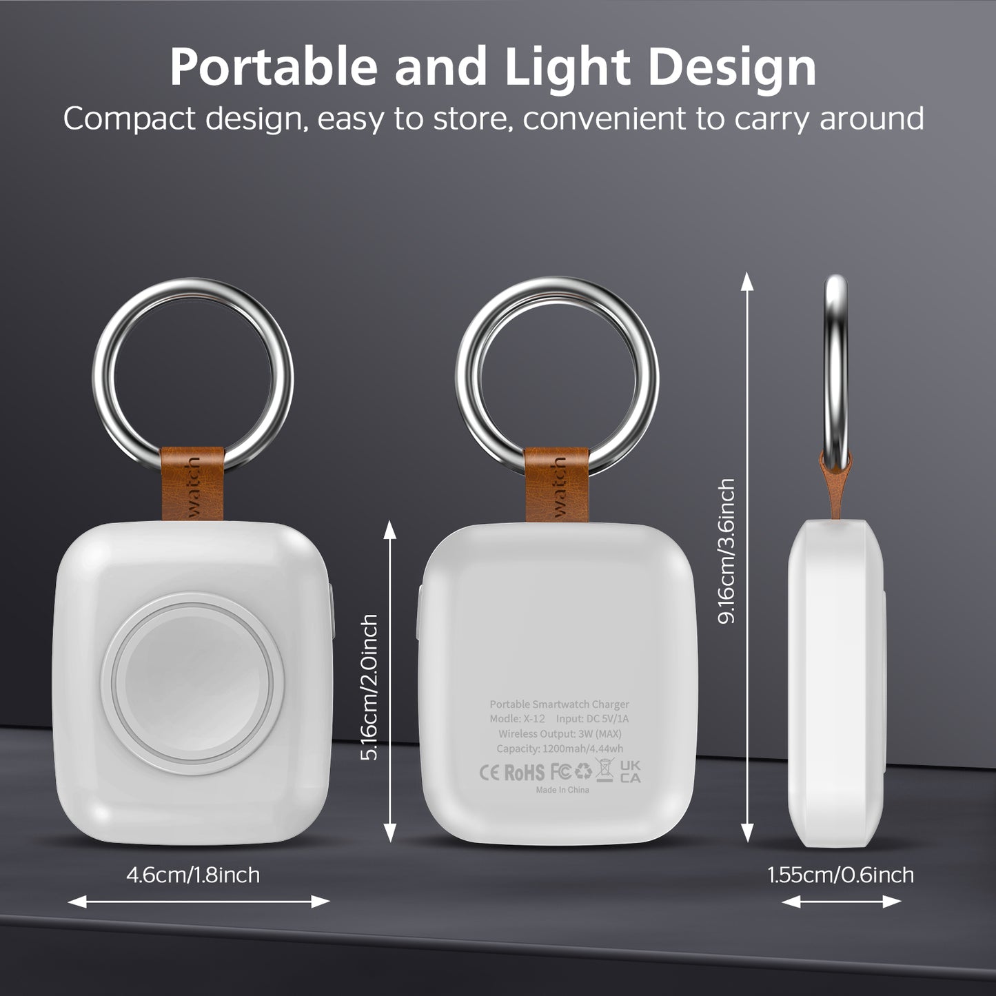 Portable Smartwatch Charger | 1200mAh Keychain Power Bank | Wireless Travel Charging Companion Dewell X