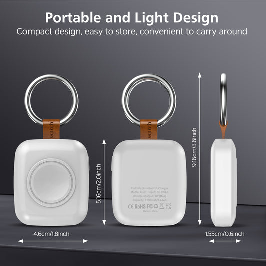 Portable Smartwatch Charger | 1200mAh Keychain Power Bank | Wireless Travel Charging Companion Dewell X