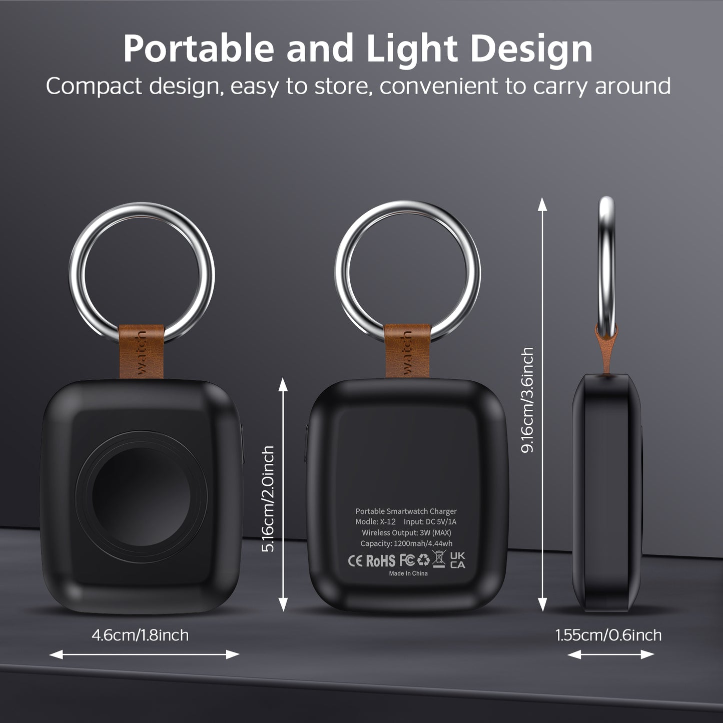 Portable Smartwatch Charger | 1200mAh Keychain Power Bank | Wireless Travel Charging Companion Dewell X