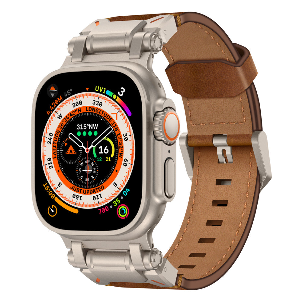 New Titanium Metal Head Leather Band For Apple Watch Dewell X