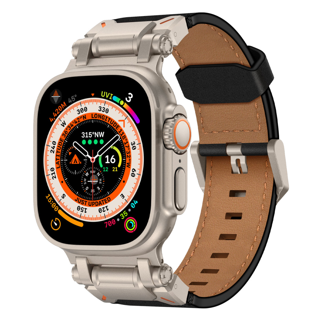 Leather Tactical Band for Apple Watch Ultra – 26mm Wide, Mecha-Style Connectors, Adventure-Ready - Dewell X