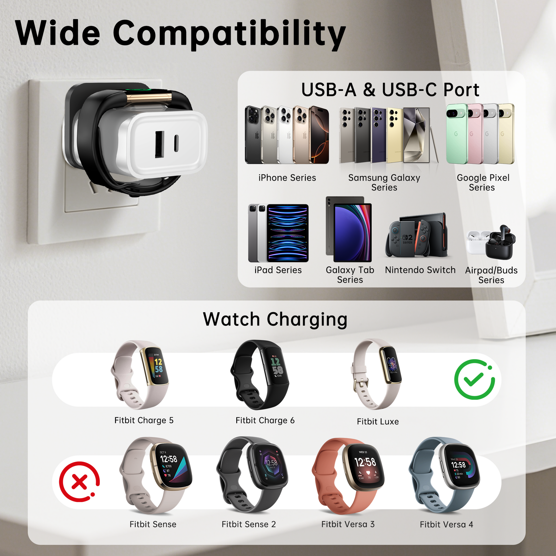 Universal 3-in-1 Charger – Fast USB, Type-C & Wireless for Smartwatch Dewell X