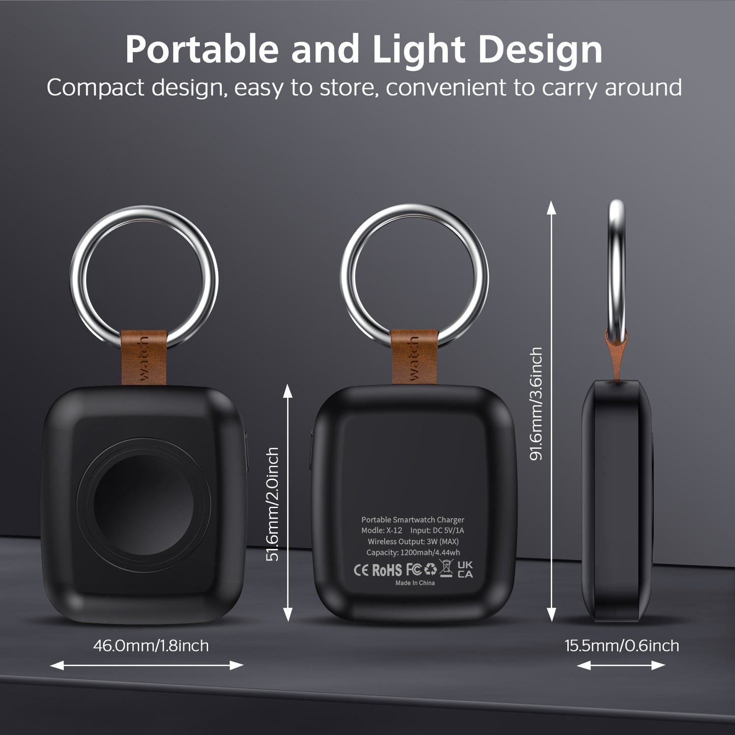 Portable Smartwatch Charger | 1200mAh Keychain Power Bank | Wireless Travel Charging Companion Dewell X