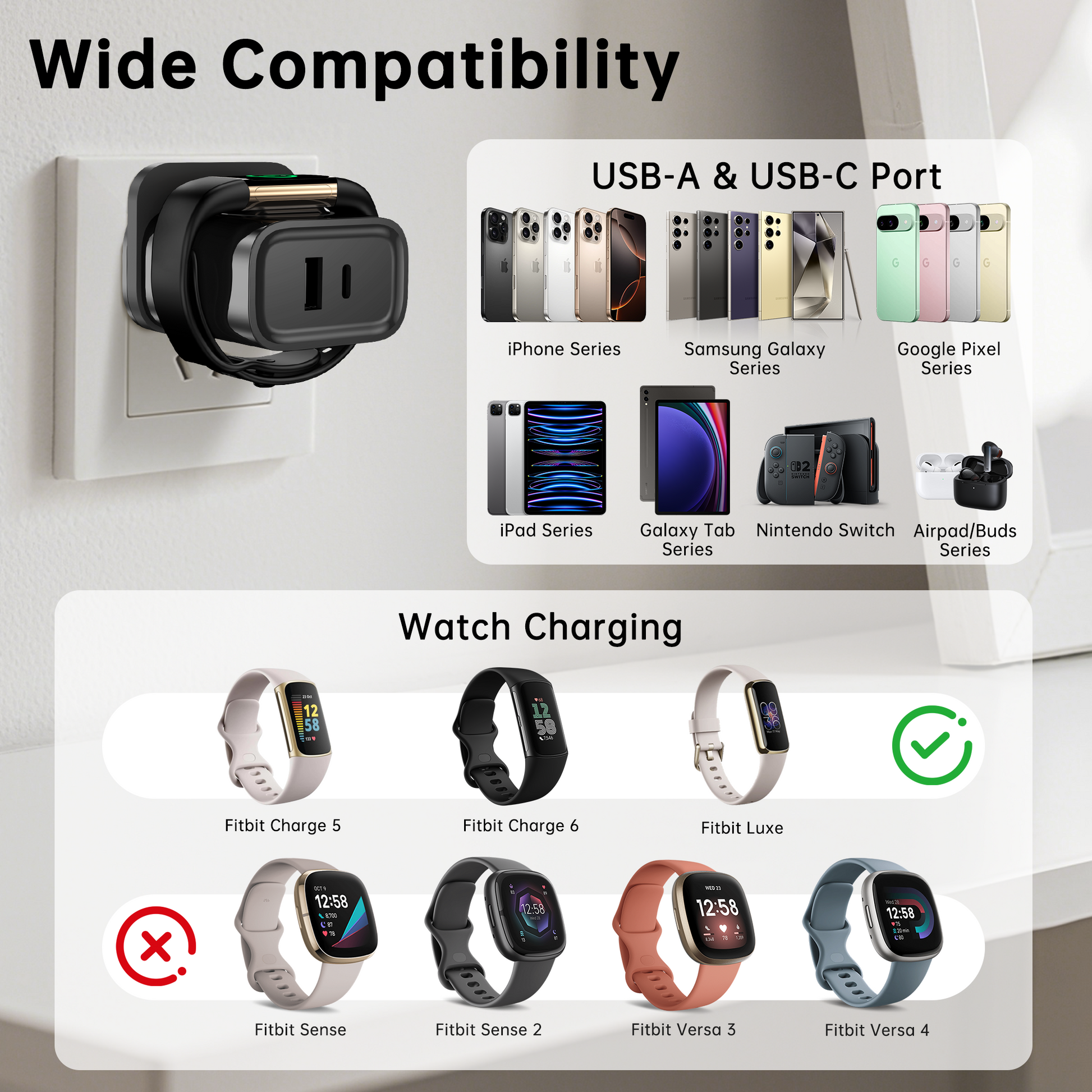 Universal 3-in-1 Charger – Fast USB, Type-C & Wireless for Smartwatch Dewell X