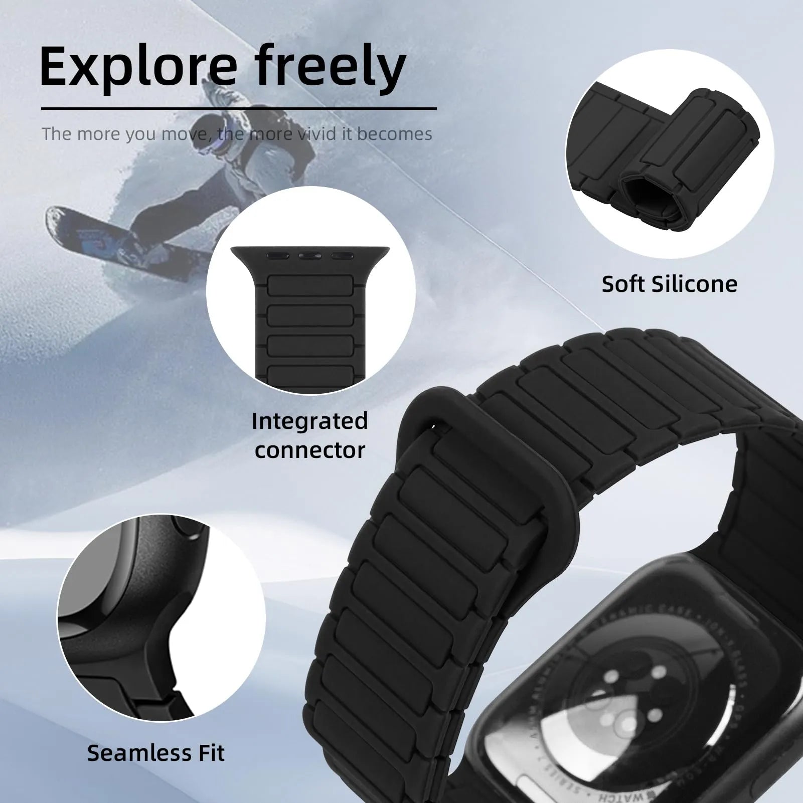 Magnetic Silicone Band for Apple Watch – Compatible with Ultra 2, Ultra, Series 1–10, SE (38–49mm) Dewell X