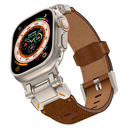 New Titanium Metal Head Leather Band For Apple Watch Dewell X