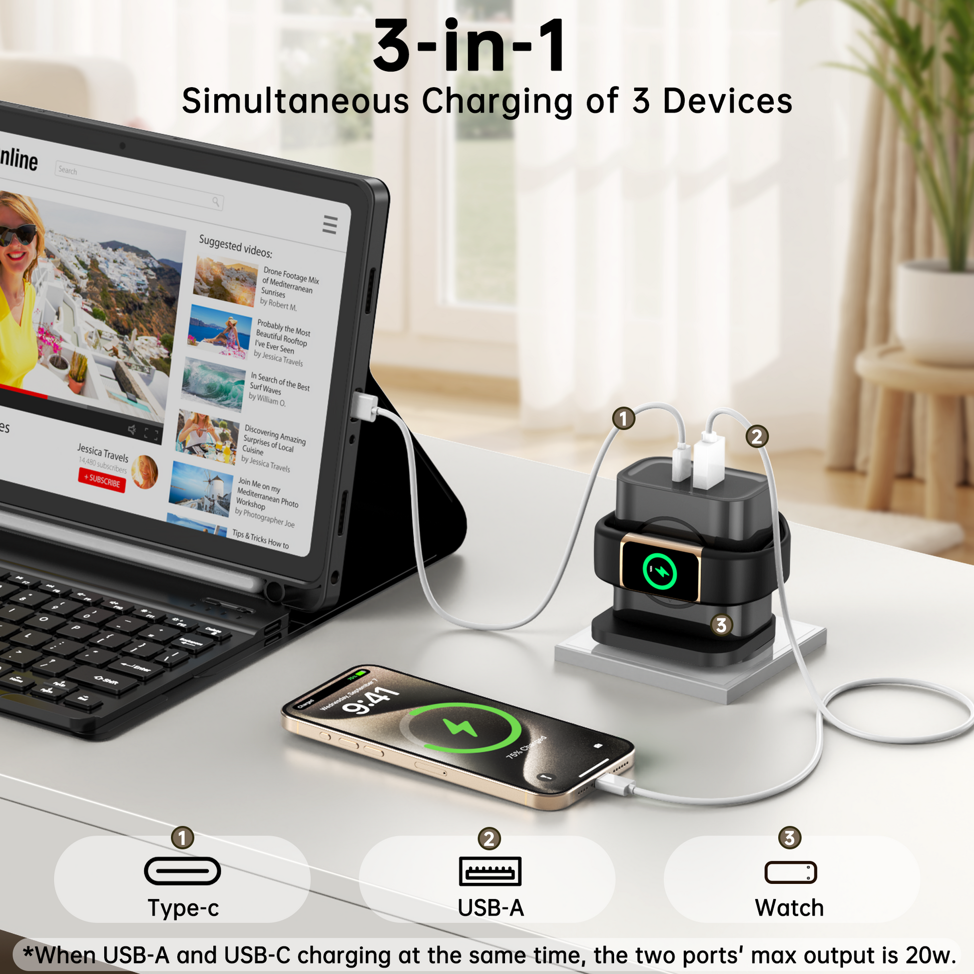 Universal 3-in-1 Charger – Fast USB, Type-C & Wireless for Smartwatch Dewell X