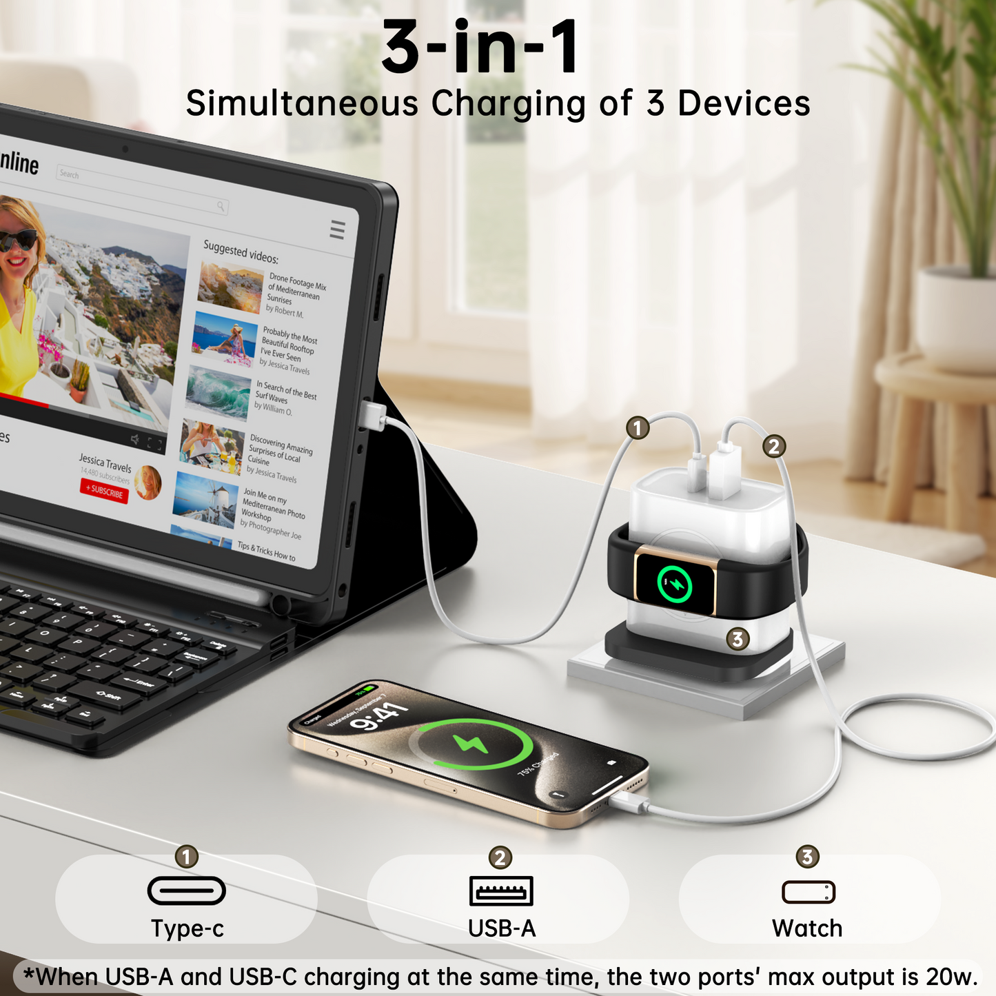 Universal 3-in-1 Charger – Fast USB, Type-C & Wireless for Smartwatch Dewell X