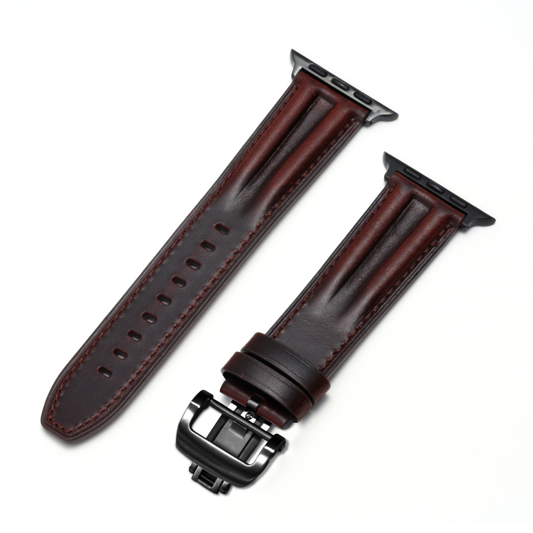 Luxury Butterfly Buckle Groove Leather Band For Apple Watch Dewell X