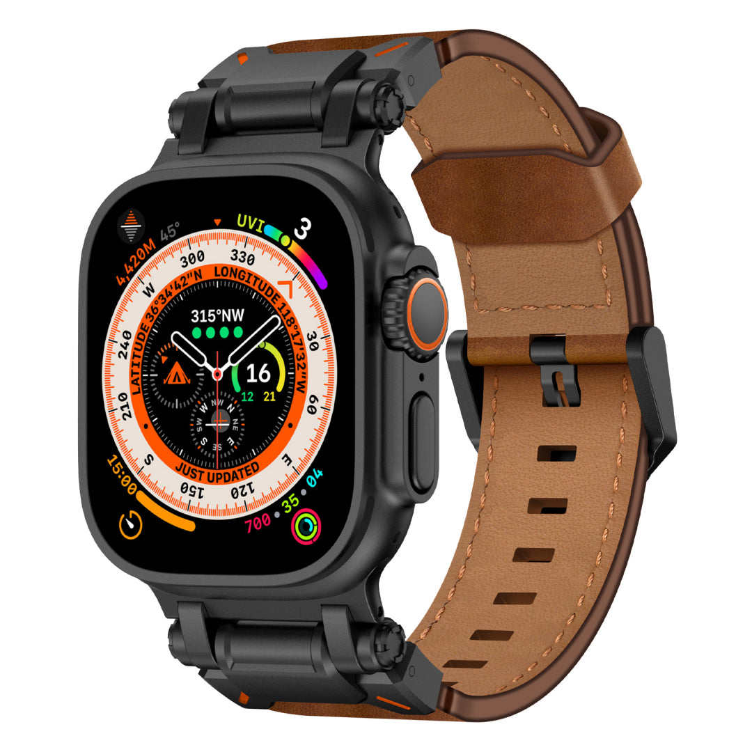 Leather Tactical Band for Apple Watch Ultra – 26mm Wide, Mecha-Style Connectors, Adventure-Ready - Dewell X