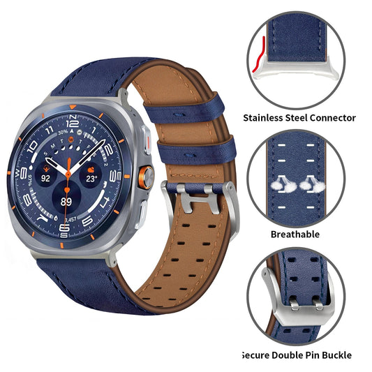 Double-Hole Genuine Leather Watch Strap for Samsung Galaxy Watch8/8c (40/44/46mm)/Watch8 Ultra (47mm) - 22mm Interface Sports Style Push Buckle, Multiple Colors Available Dewell X