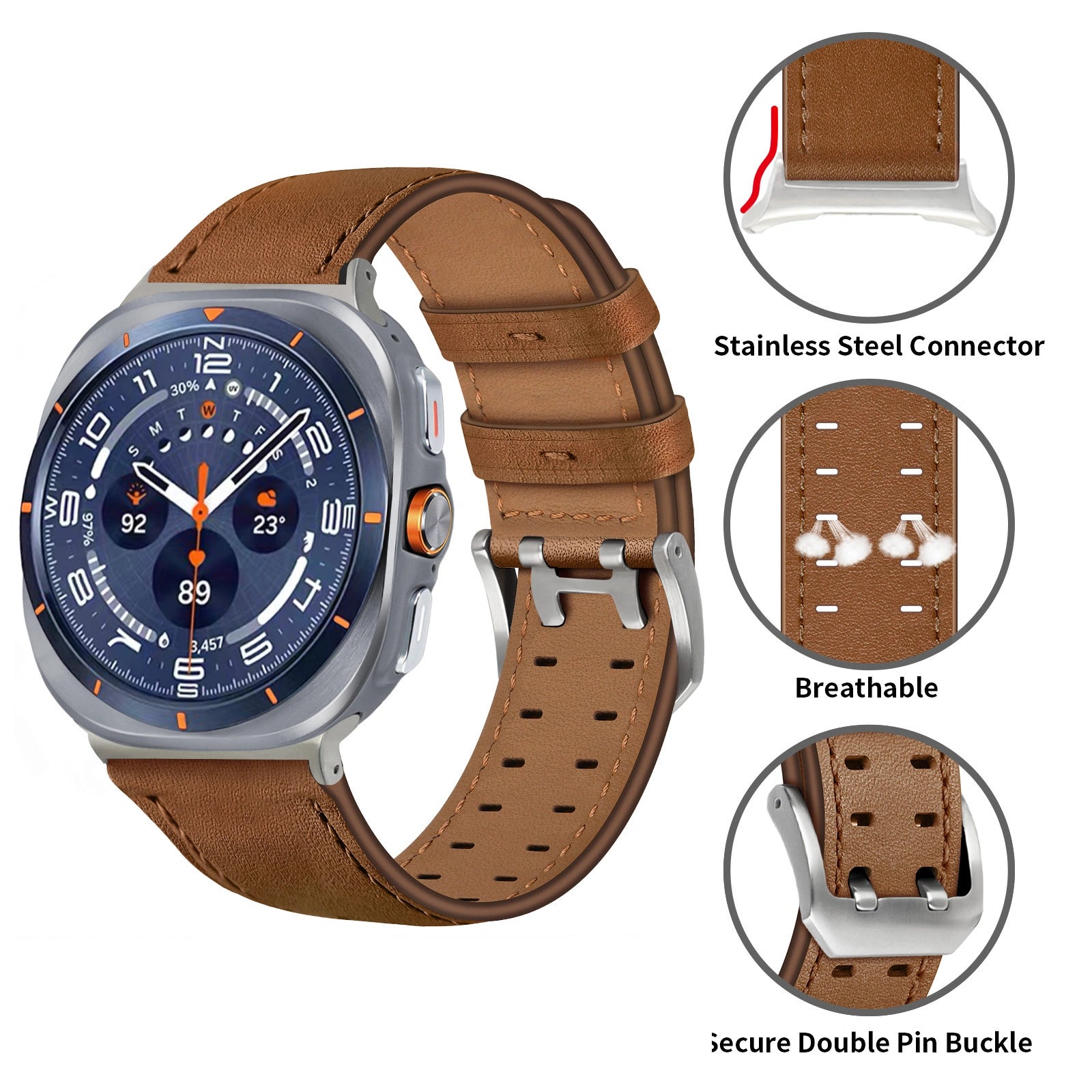 Double-Hole Genuine Leather Watch Strap for Samsung Galaxy Watch8/8c (40/44/46mm)/Watch8 Ultra (47mm) - 22mm Interface Sports Style Push Buckle, Multiple Colors Available Dewell X