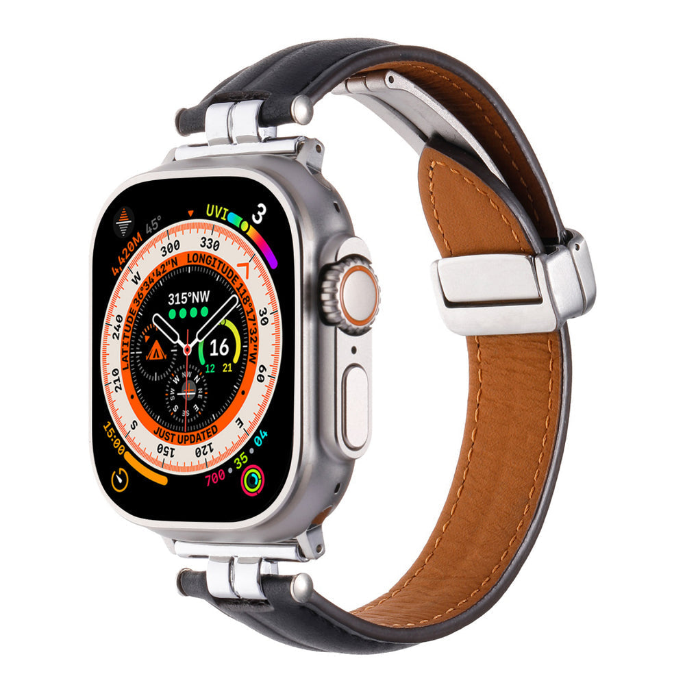 Professional Magnetic Leather Band for Apple Watch - Adjustable Stainless Steel Buckle, Stylish for Men & Women Black Dewell X