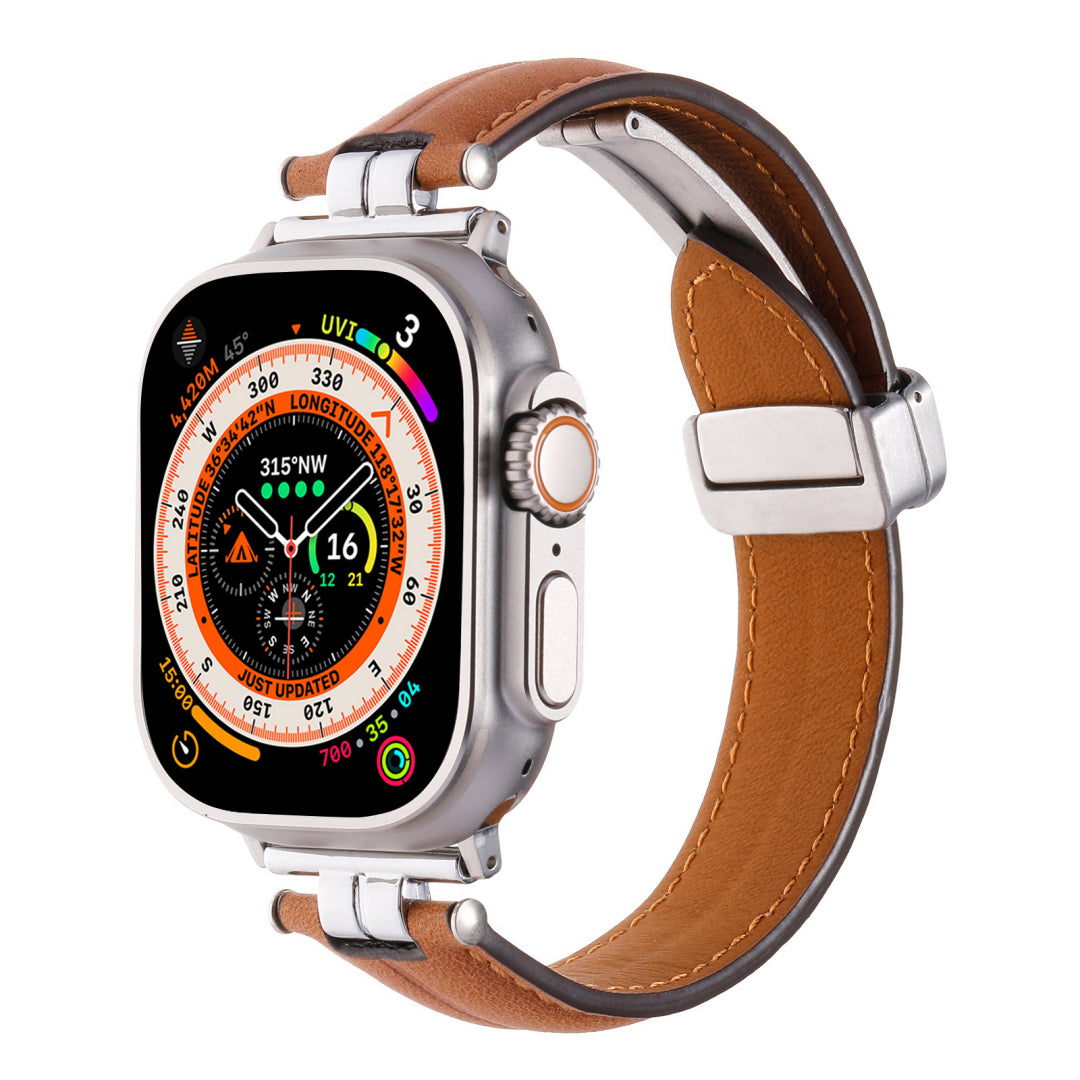 Professional Magnetic Leather Band for Apple Watch - Adjustable Stainless Steel Buckle, Stylish for Men & Women Brown Dewell X