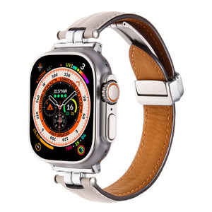 Professional Magnetic Leather Band for Apple Watch - Adjustable Stainless Steel Buckle, Stylish for Men & Women Off White-Silver Adapter Dewell X