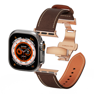 Genuine Leather Butterfly Clasp Band for Apple Watch,Rose Gold Coffee Dewell X